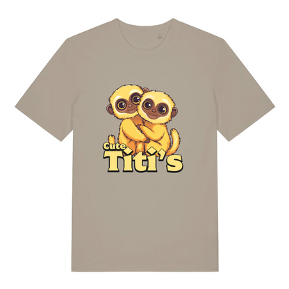 Beige women's Cute Titi's T-shirt flat lay with adorable hugging baby monkeys kawaii graphic