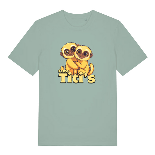 green women's kawaii t-shirt with the graphic of two cute monkeys and the slogan 'cute titi's'