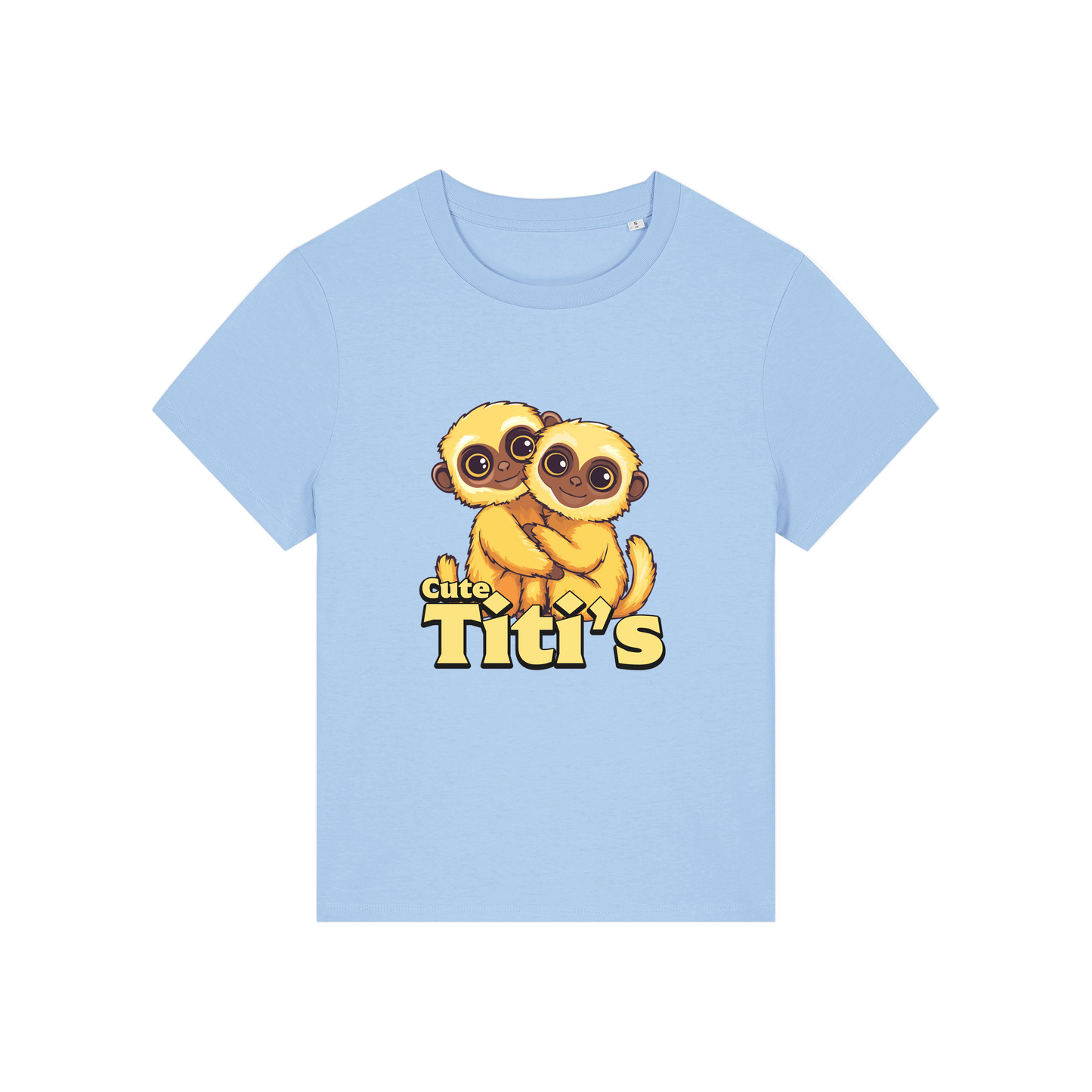 light blue kawaii t-shirt with the graphic of two little monkey's on and the slogan 'cute titis'