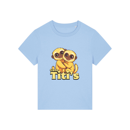 light blue kawaii t-shirt with the graphic of two little monkey's on and the slogan 'cute titis'