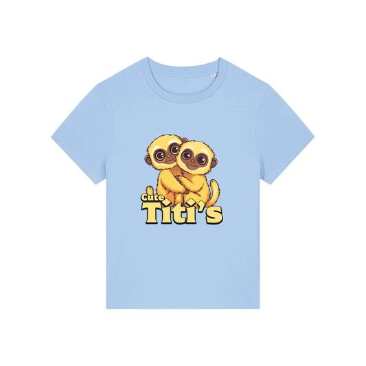 light blue kawaii t-shirt with the graphic of two little monkey's on and the slogan 'cute titis'