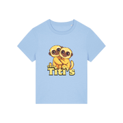 light blue kawaii t-shirt with the graphic of two little monkey's on and the slogan 'cute titis'