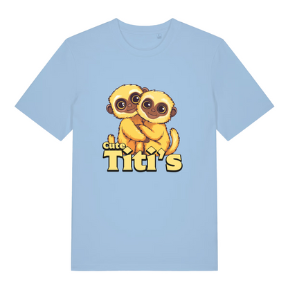 Light blue women's Cute Titi's T-shirt flat lay featuring sweet yellow monkeys cuddle design