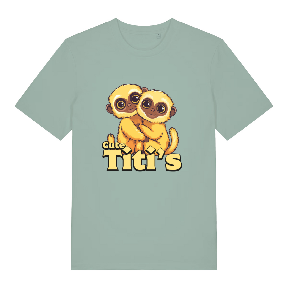 Light green women's Cute Titi's T-shirt flat lay showing cute monkey pair illustration