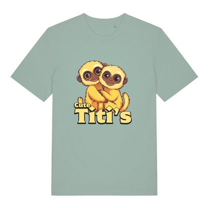 Light green women's Cute Titi's T-shirt flat lay showing cute monkey pair illustration