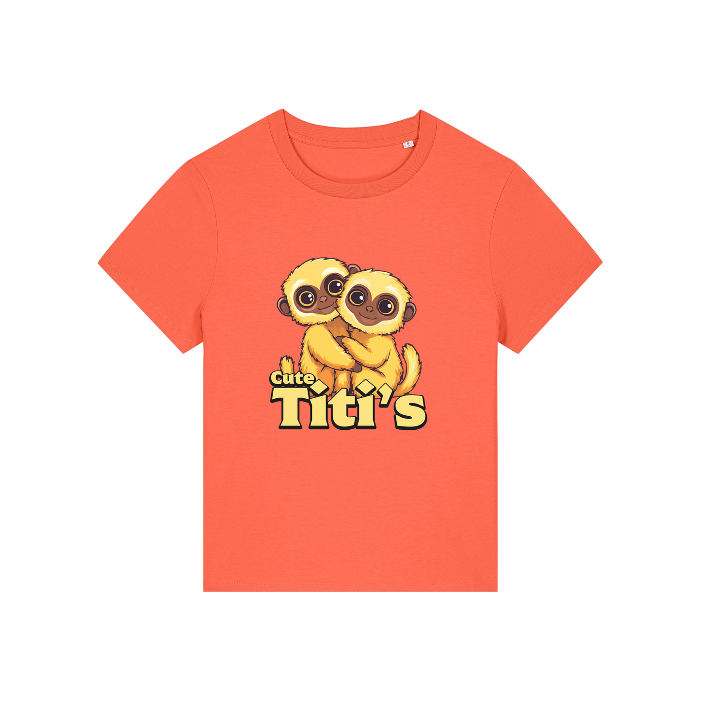 orange kawaii t-shirt with the graphic of two little monkey's on and the slogan 'cute titis'