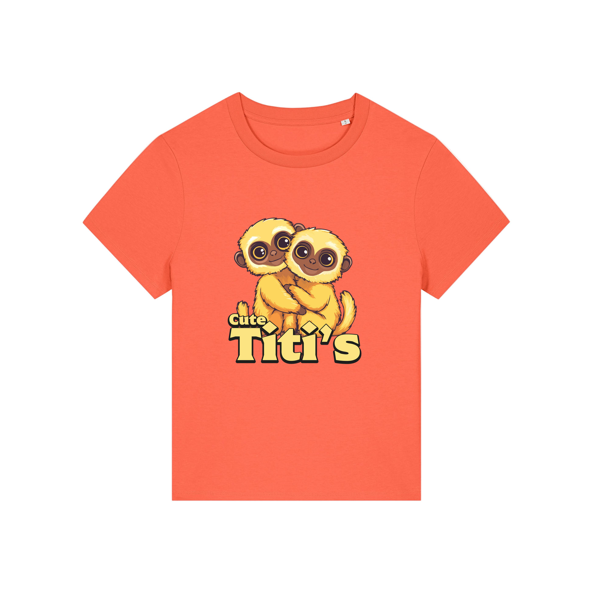 orange kawaii t-shirt with the graphic of two little monkey's on and the slogan 'cute titis'