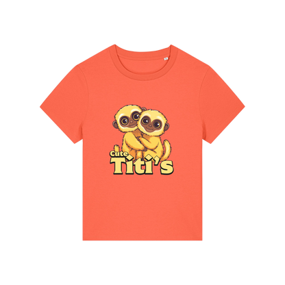 orange kawaii t-shirt with the graphic of two little monkey's on and the slogan 'cute titis'