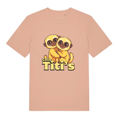 Peach women's Cute Titi's T-shirt flat lay with clean kawaii monkeys hugging graphic