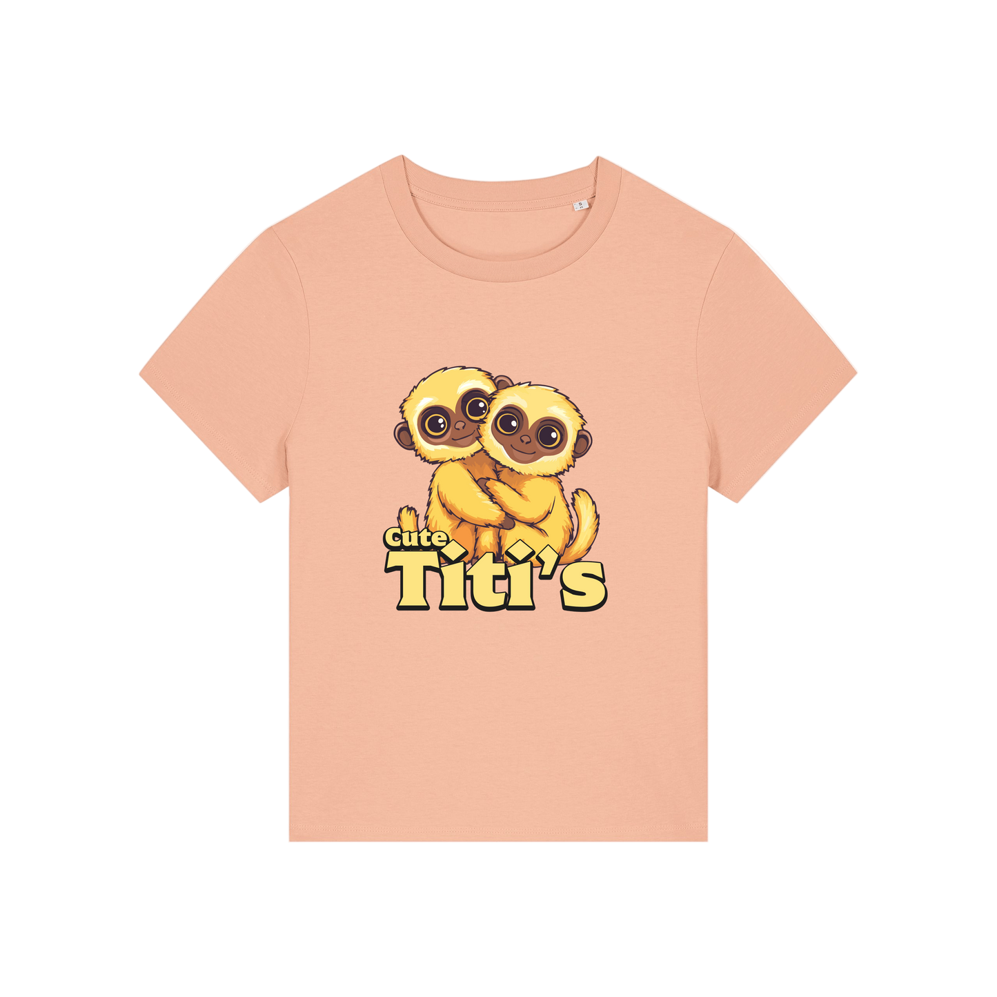peach kawaii t-shirt with the graphic of two little monkey's on and the slogan 'cute titis'
