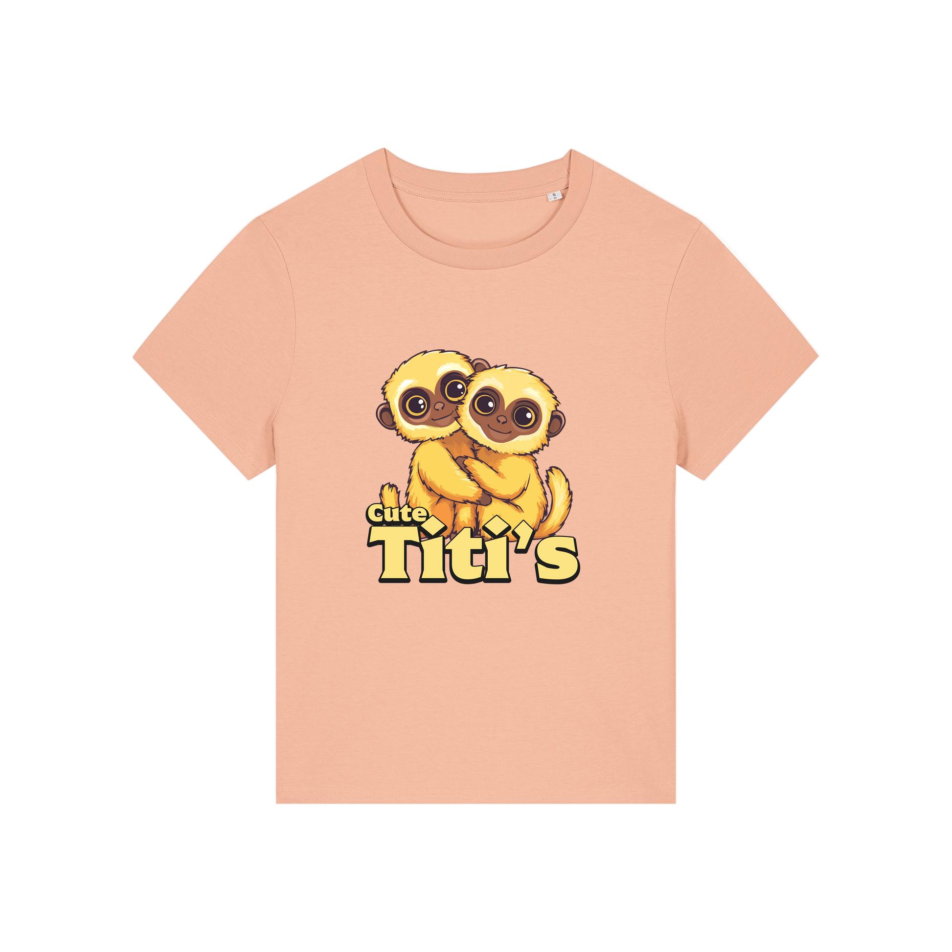 peach kawaii t-shirt with the graphic of two little monkey's on and the slogan 'cute titis'