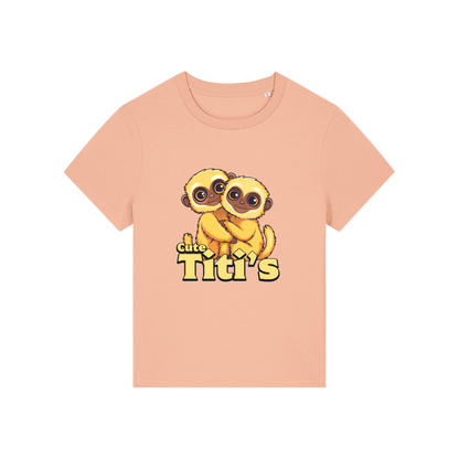 peach kawaii t-shirt with the graphic of two little monkey's on and the slogan 'cute titis'