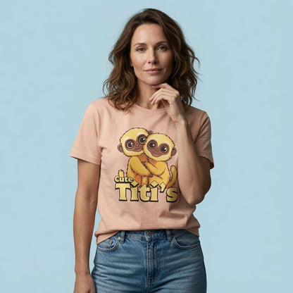 Woman in peach Cute Titi's tee, witty cheeky funny monkey gift
