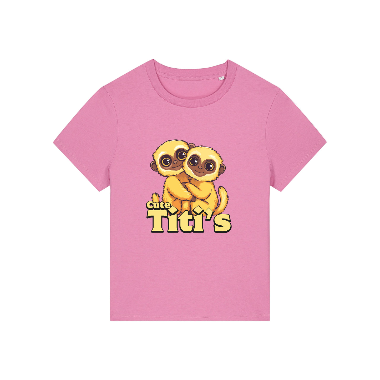 pink kawaii t-shirt with the graphic of two little monkey's on and the slogan 'cute titis'