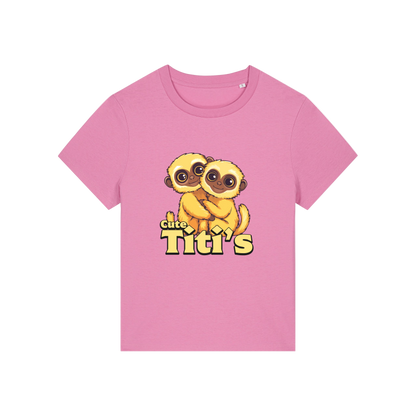 pink kawaii t-shirt with the graphic of two little monkey's on and the slogan 'cute titis'