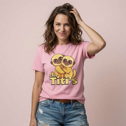 Woman in pink Cute Titi's t-shirt, ladies cheeky kawaii monkey shirt