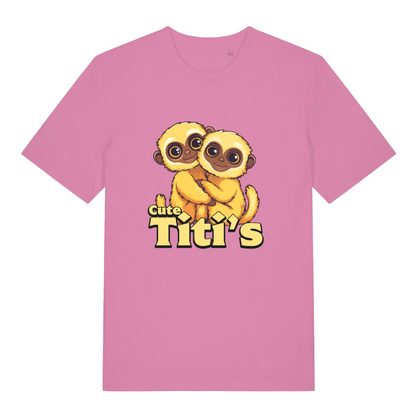 Pink women's Cute Titi's T-shirt flat lay displaying vibrant adorable titi's monkey pun