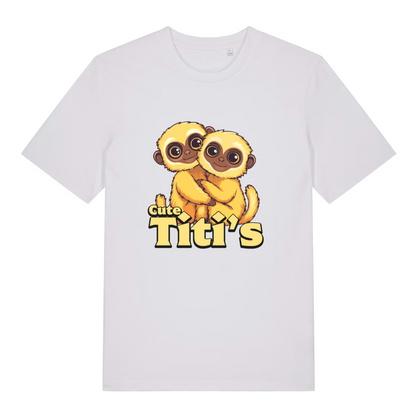 White women's Cute Titi's T-shirt flat lay with bold cute baby monkeys design