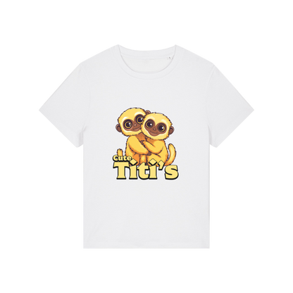 white kawaii t-shirt with the graphic of two little monkey's on and the slogan 'cute titis'