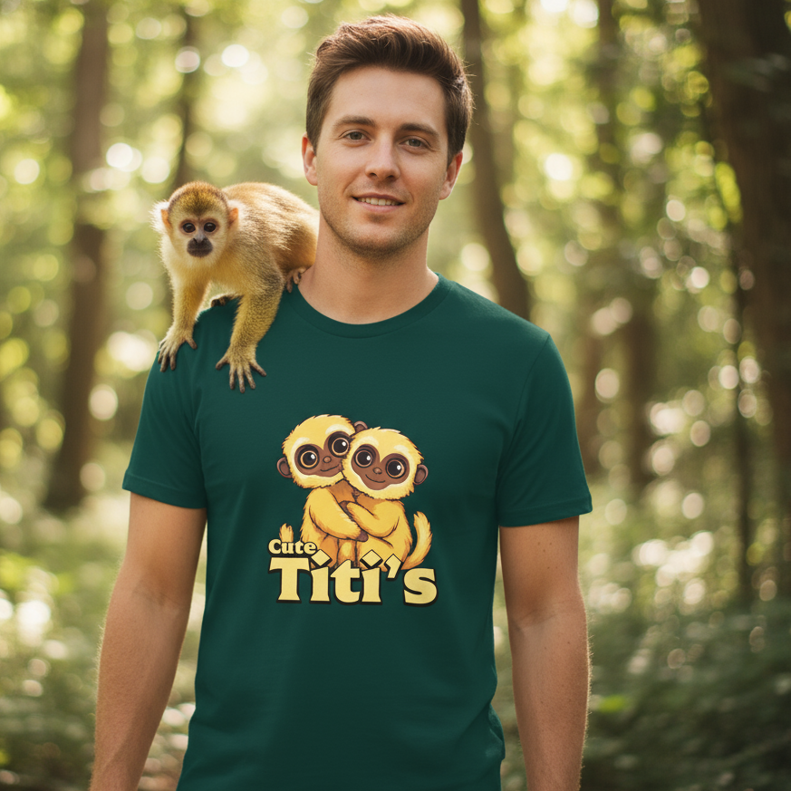 Man wearing a green t-shirt with monkey graphics and text, standing in a forest.