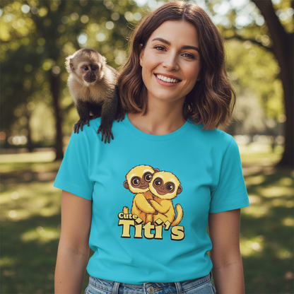 woman with a kawaii t-shirt featuring graphic design of a cute pair of monkeys, with a little monkey perched on her shoulder