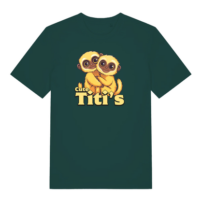 green kawaii t-shirt with the graphic of a titi monkey and the slogan 'cute titis'