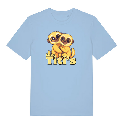 light blue kawaii t-shirt with the graphic of a titi monkey and the slogan 'cute titis'