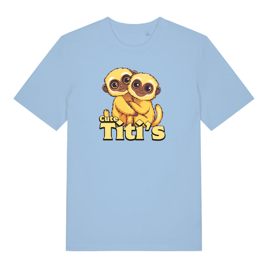 light blue kawaii t-shirt with the graphic of a titi monkey and the slogan 'cute titis'