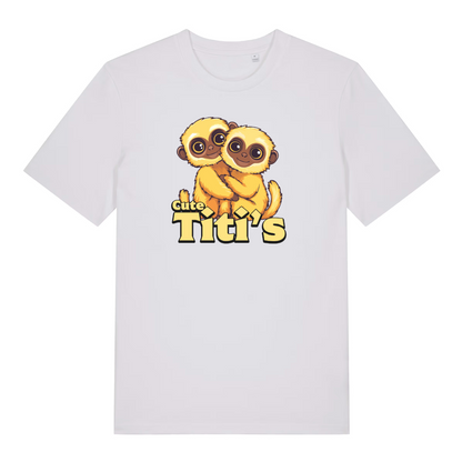 white kawaii t-shirt with the graphic of a titi monkey and the slogan 'cute titis'