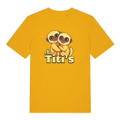 yellow kawaii t-shirt with the graphic of a titi monkey and the slogan 'cute titis'
