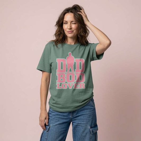 Woman in green Dad Bod Lover tee, funny mum graphic gift