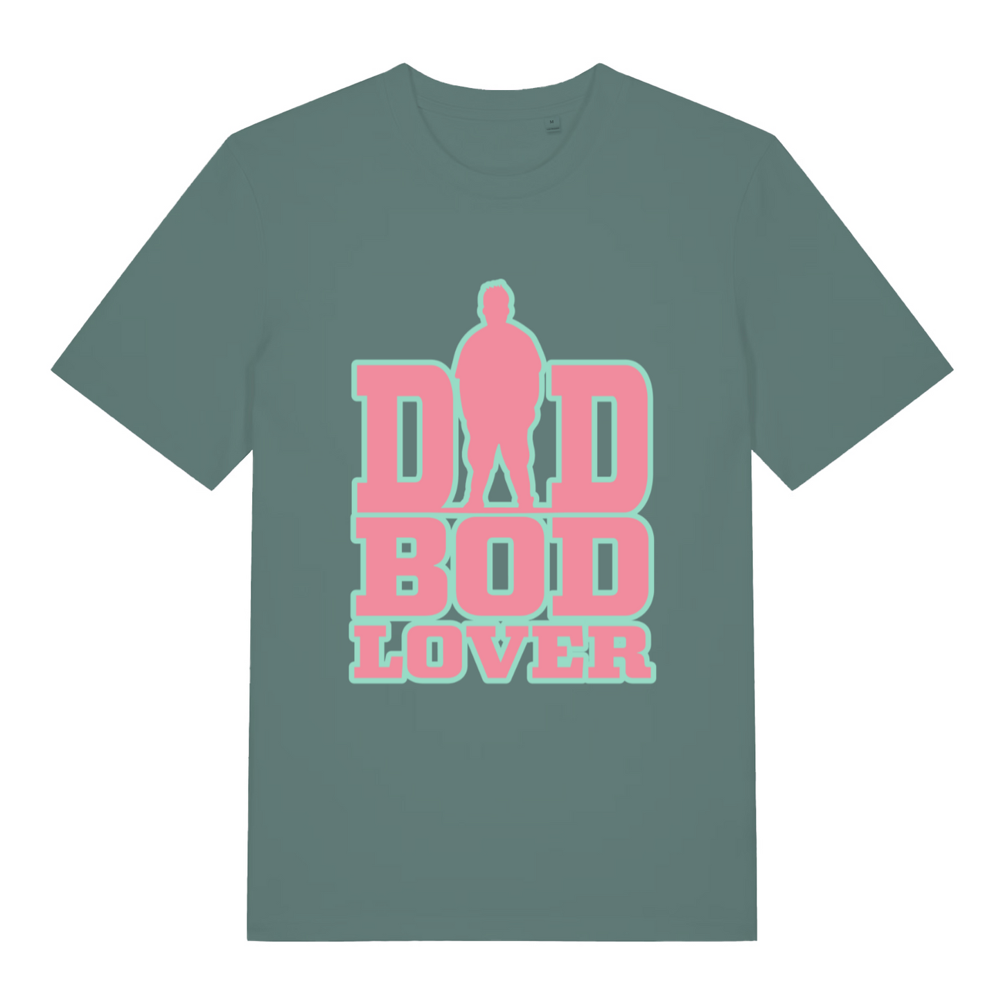 Green women's Dad Bod Lover T-shirt flat lay with pink dad silhouette and bold slogan