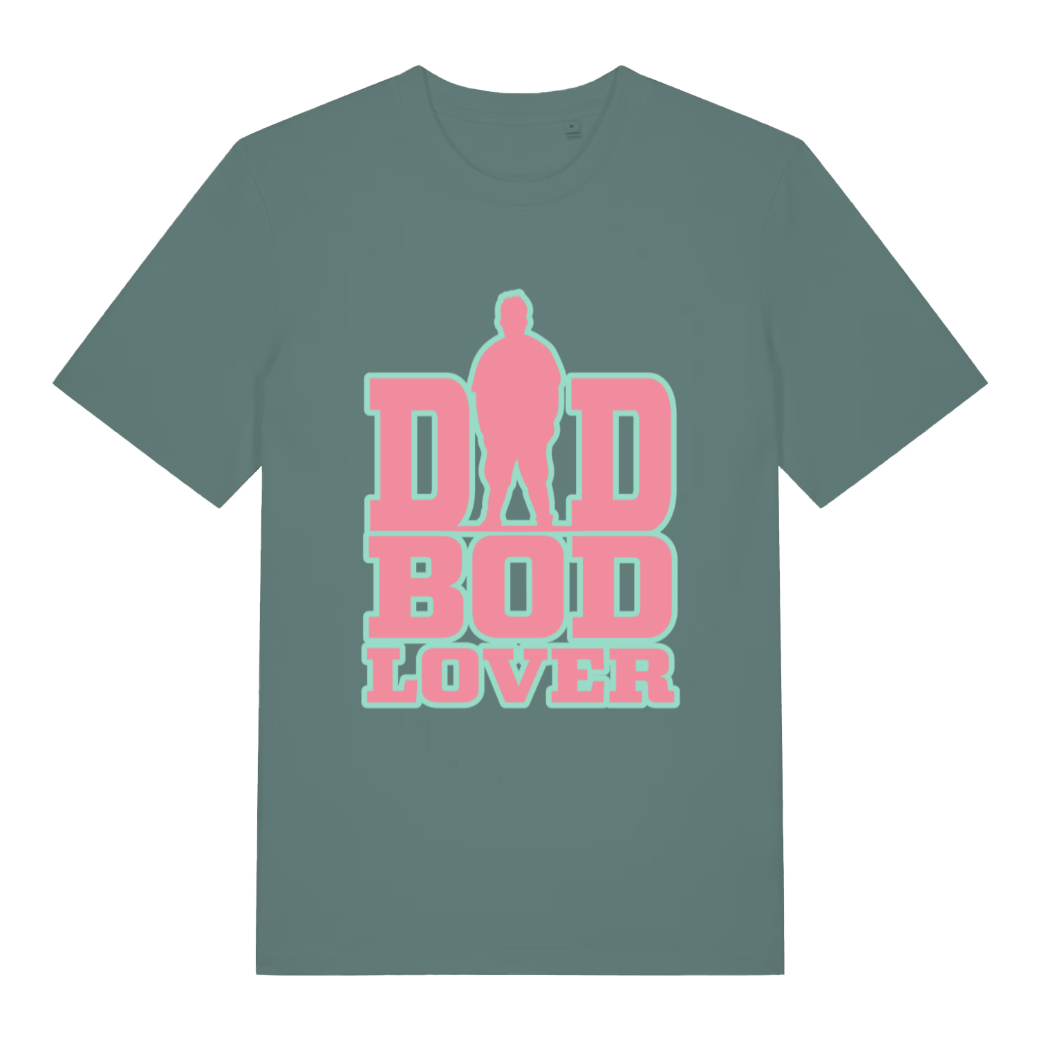 Green women's Dad Bod Lover T-shirt flat lay with pink dad silhouette and bold slogan