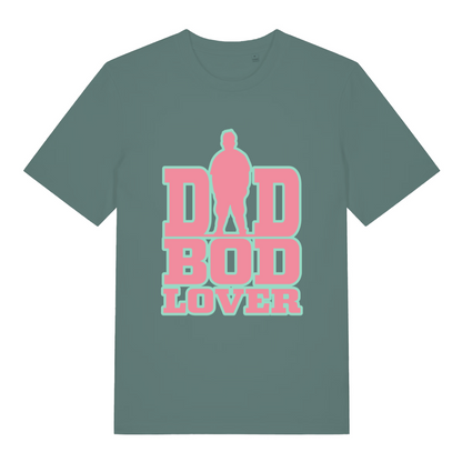 Green women's Dad Bod Lover T-shirt flat lay with pink dad silhouette and bold slogan