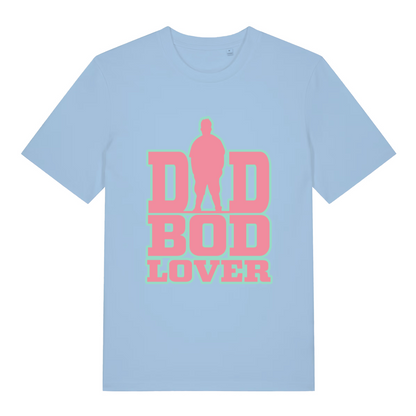 Light blue women's Dad Bod Lover T-shirt flat lay showing cheeky "Dad Bod Lover" design