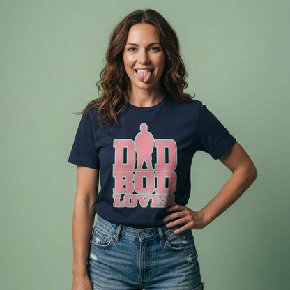 Woman in navy Dad Bod Lover t-shirt, funny witty mum slogan tee