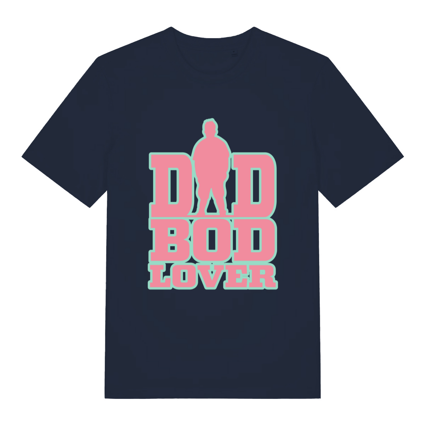 Navy women's Dad Bod Lover T-shirt flat lay with bold pink dad silhouette text