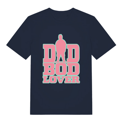 Navy women's Dad Bod Lover T-shirt flat lay with bold pink dad silhouette text
