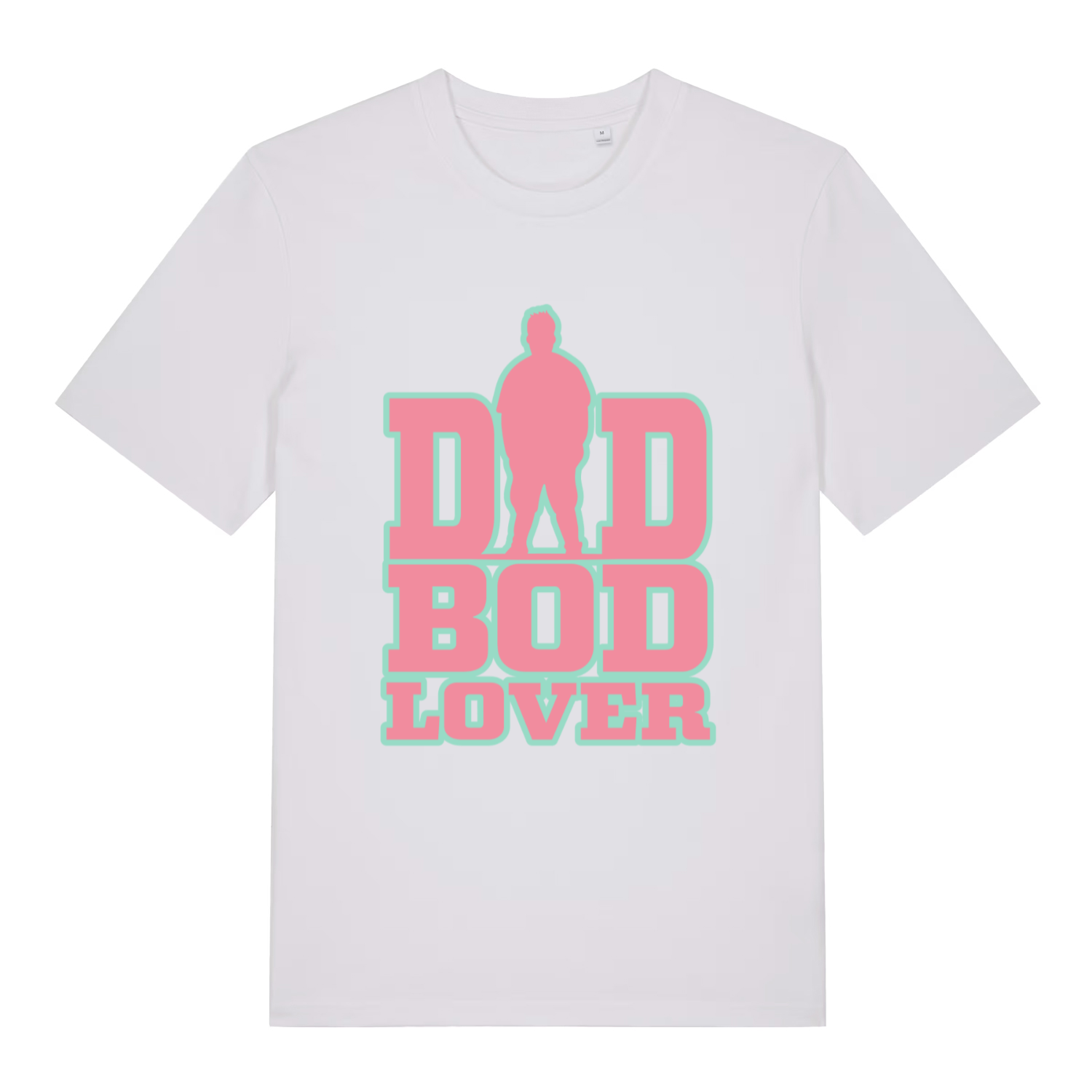 White women's Dad Bod Lover T-shirt flat lay with clean pink and green dad bod graphic