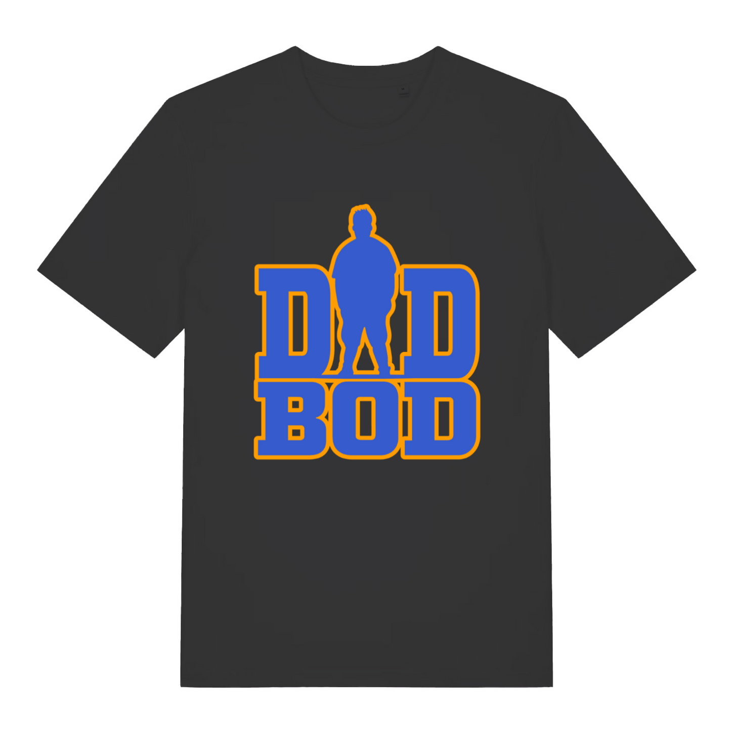 Black Dad Bod T-shirt flat lay with blue silhouette and bold dad bod graphic