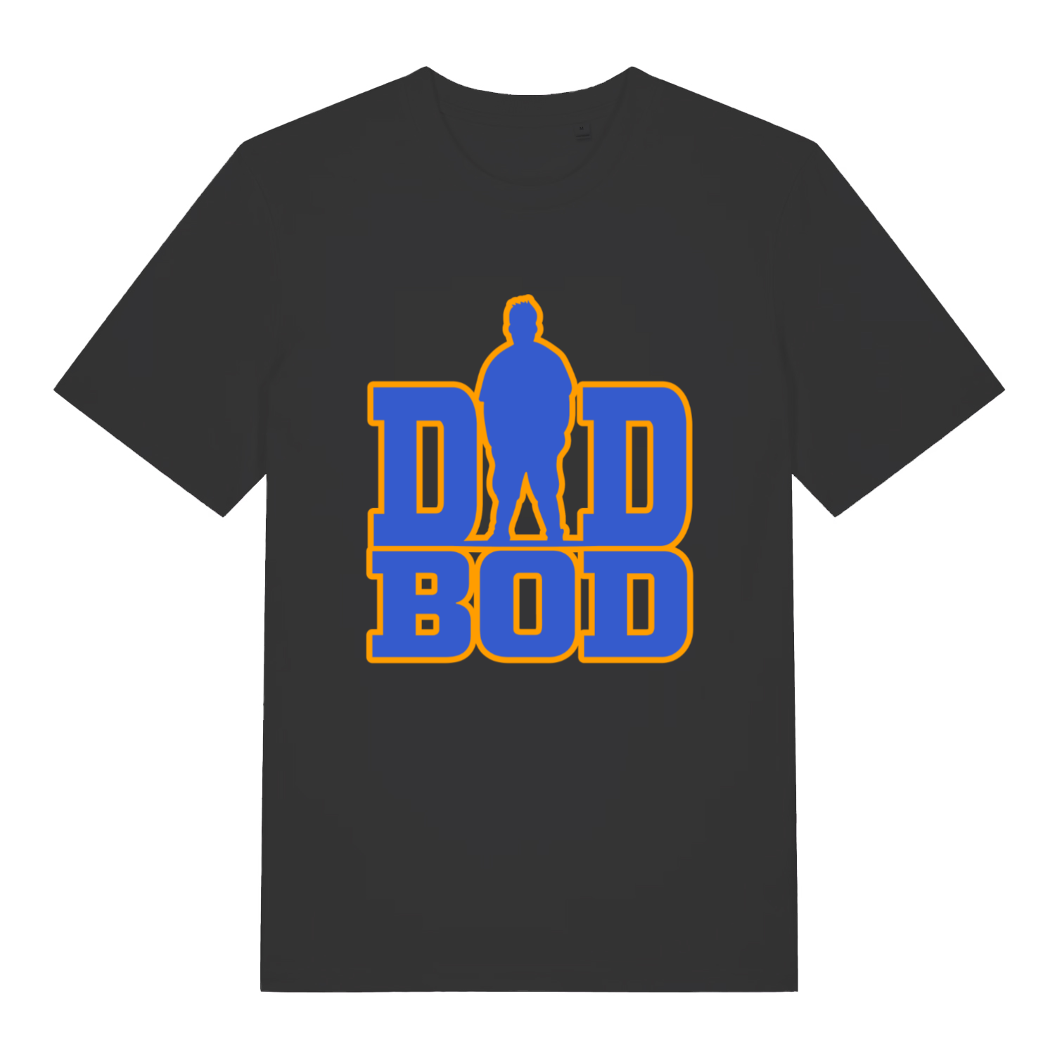 Black Dad Bod T-shirt flat lay with blue silhouette and bold dad bod graphic