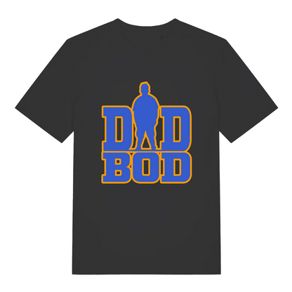 Black Dad Bod T-shirt flat lay with blue silhouette and bold dad bod graphic