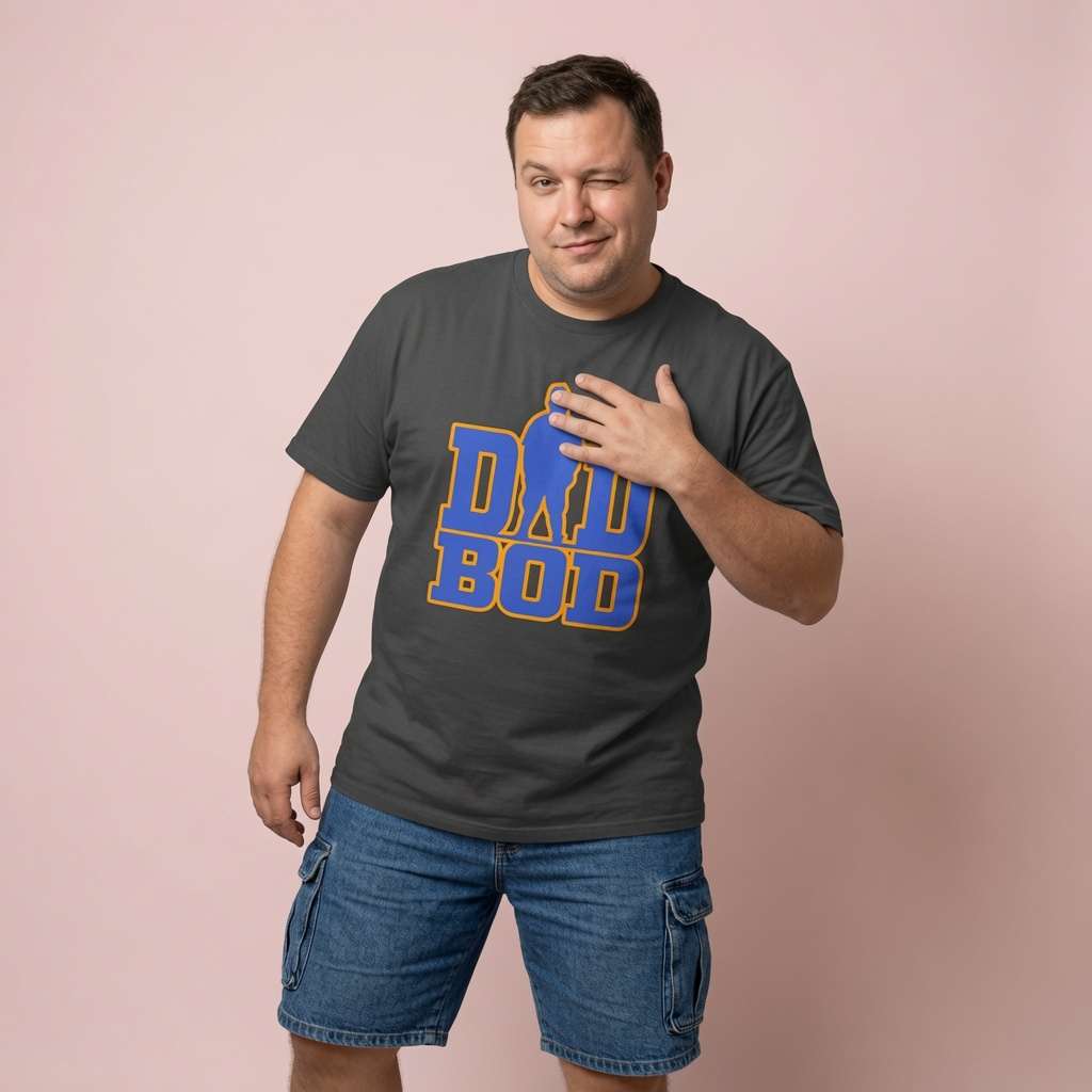 Man in black Dad Bod t-shirt, fun cheeky witty dad gift tee