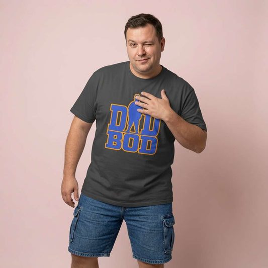 Man in black Dad Bod t-shirt, fun cheeky witty dad gift tee