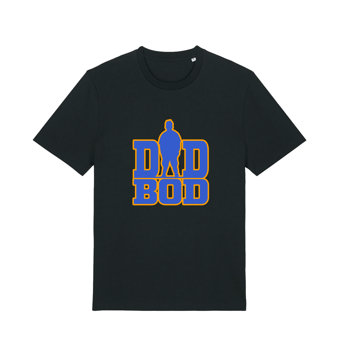 Black dad t-shirt with 'DAD BOD' graphic in blue and yellow 