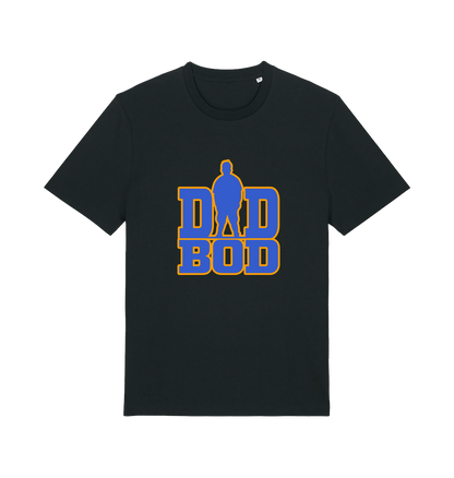 Black dad t-shirt with 'DAD BOD' graphic in blue and yellow 
