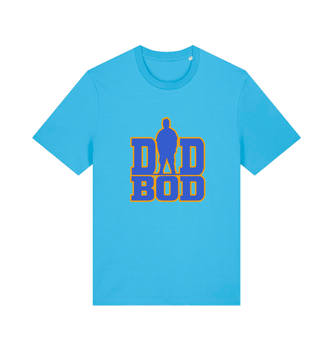 blue dad t-shirt with 'DAD BOD' graphic in blue and yellow 
