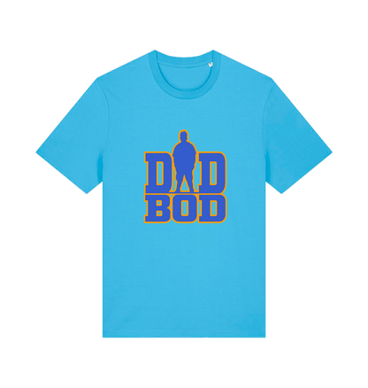blue dad t-shirt with 'DAD BOD' graphic in blue and yellow 
