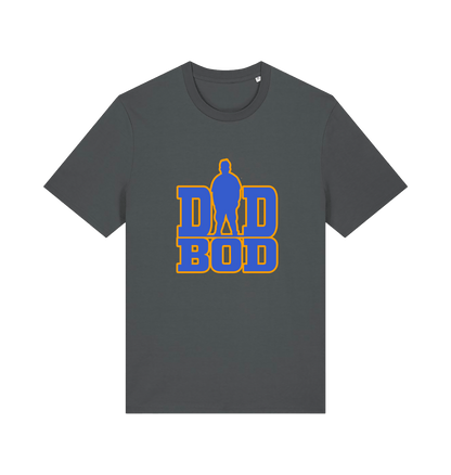 gray dad t-shirt with 'DAD BOD' graphic in blue and yellow 