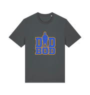 gray dad t-shirt with 'DAD BOD' graphic in blue and yellow 